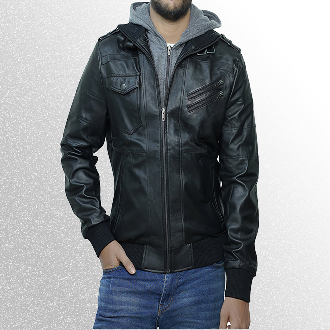 Mens black bomber leather jacket with hood style