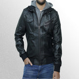 Mens black bomber leather jacket with hood style