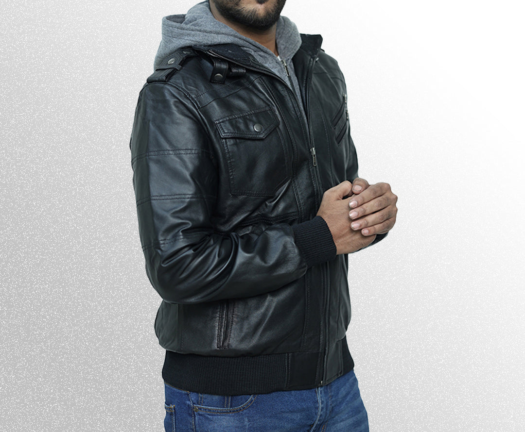 Mens black bomber leather jacket with hood style