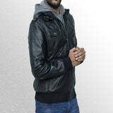 Mens black bomber leather jacket with hood style