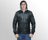 Mens black bomber leather jacket with hood style
