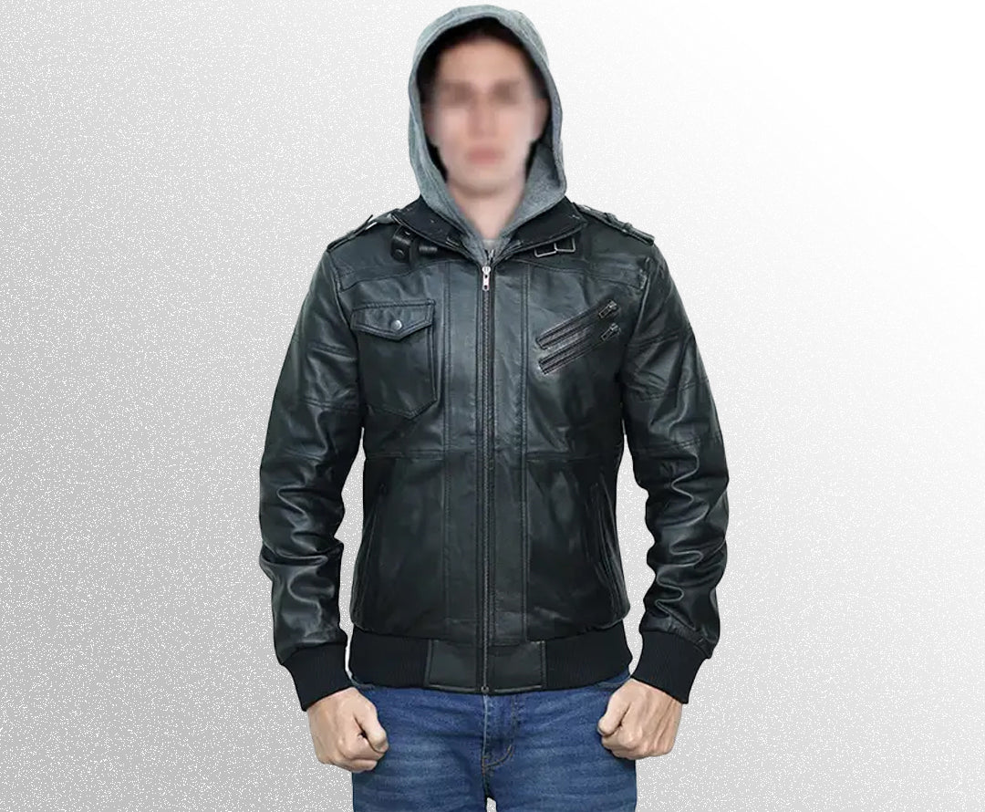Mens black bomber leather jacket with hood style