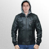 Mens black bomber leather jacket with hood style