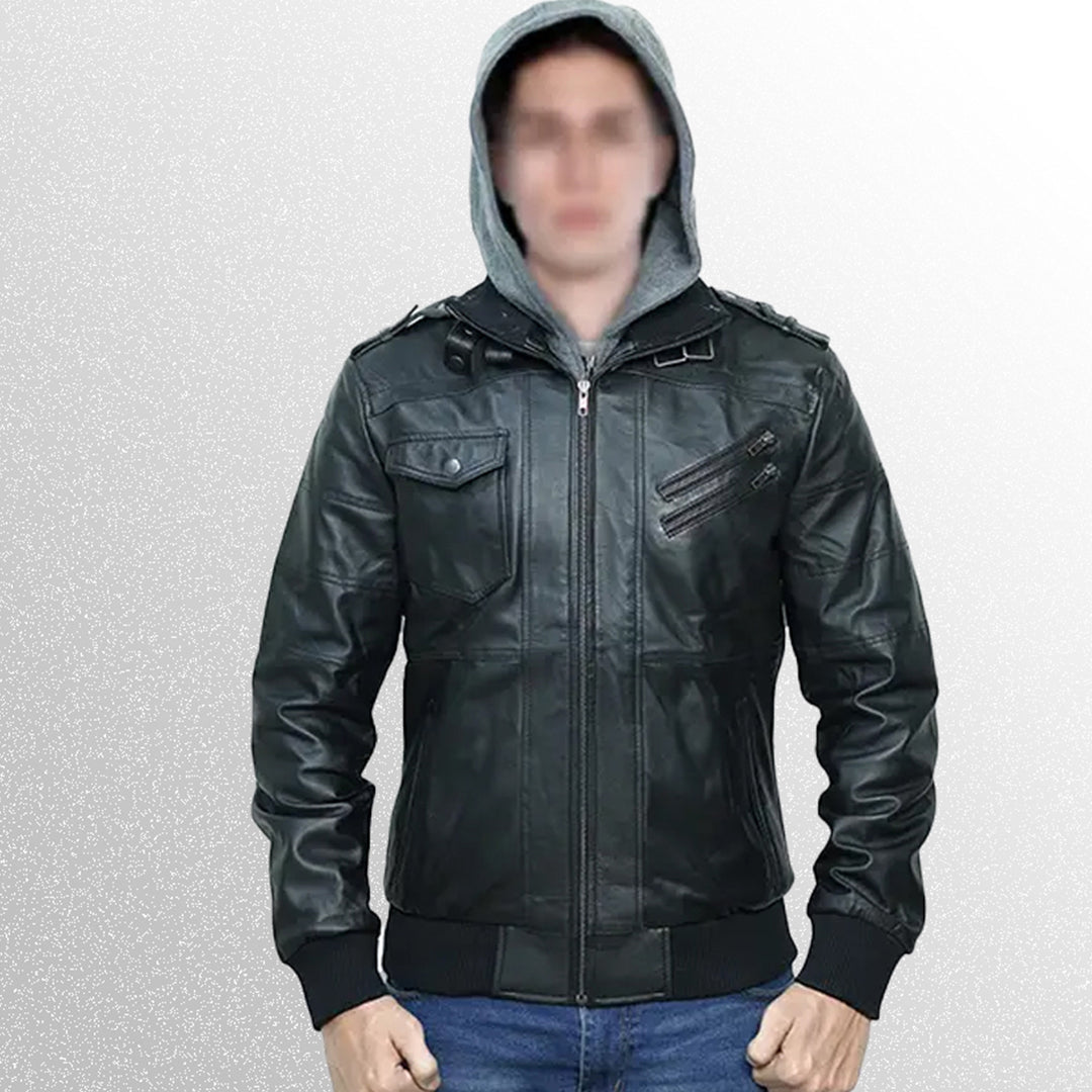 Mens black bomber leather jacket with hood style