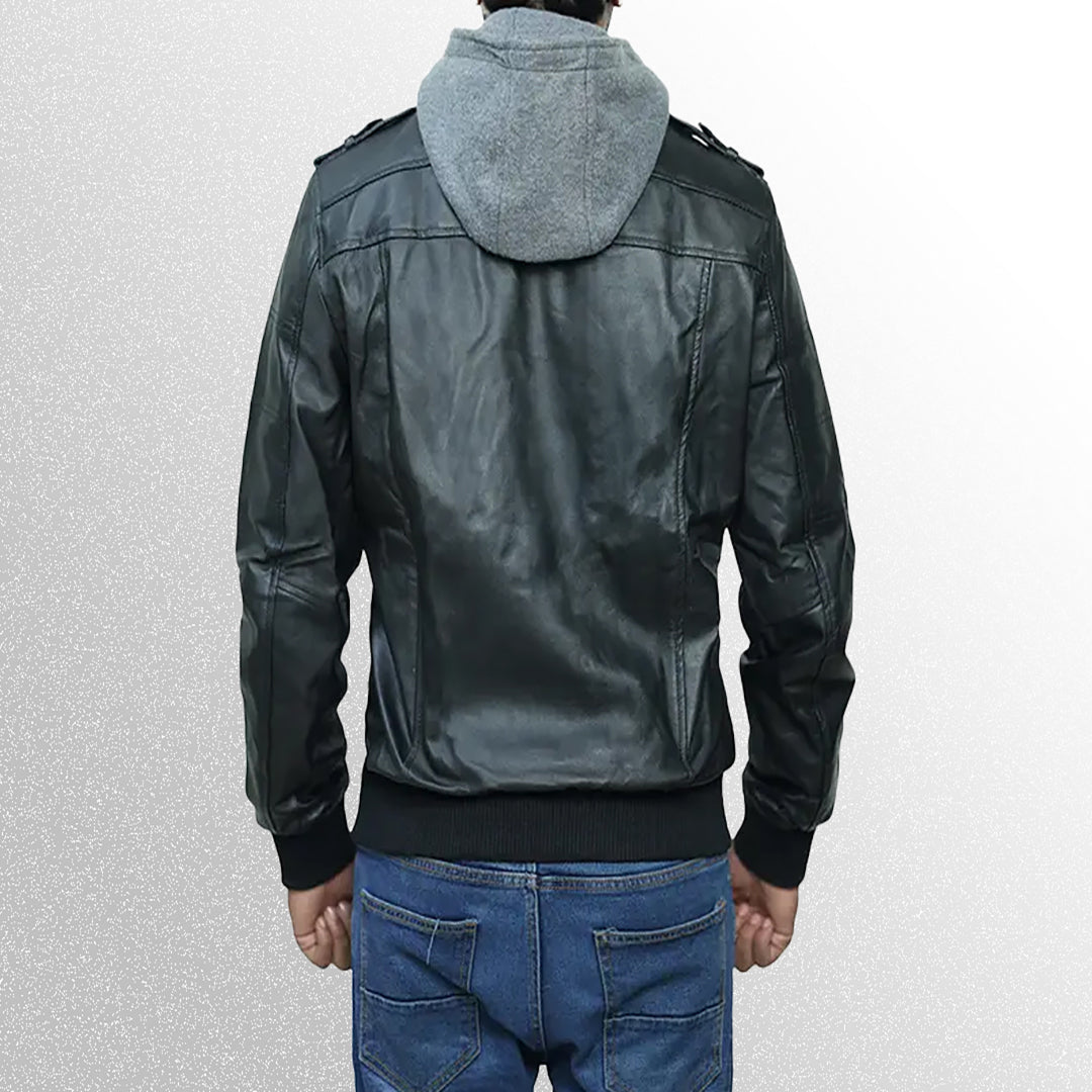 Mens black bomber leather jacket with hood style
