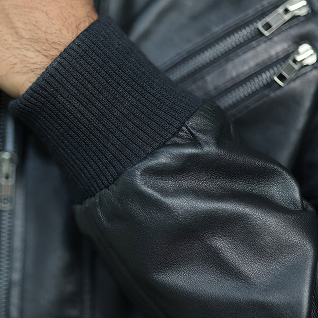 Mens black bomber leather jacket with hood style
