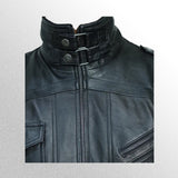 Mens black bomber leather jacket with hood style