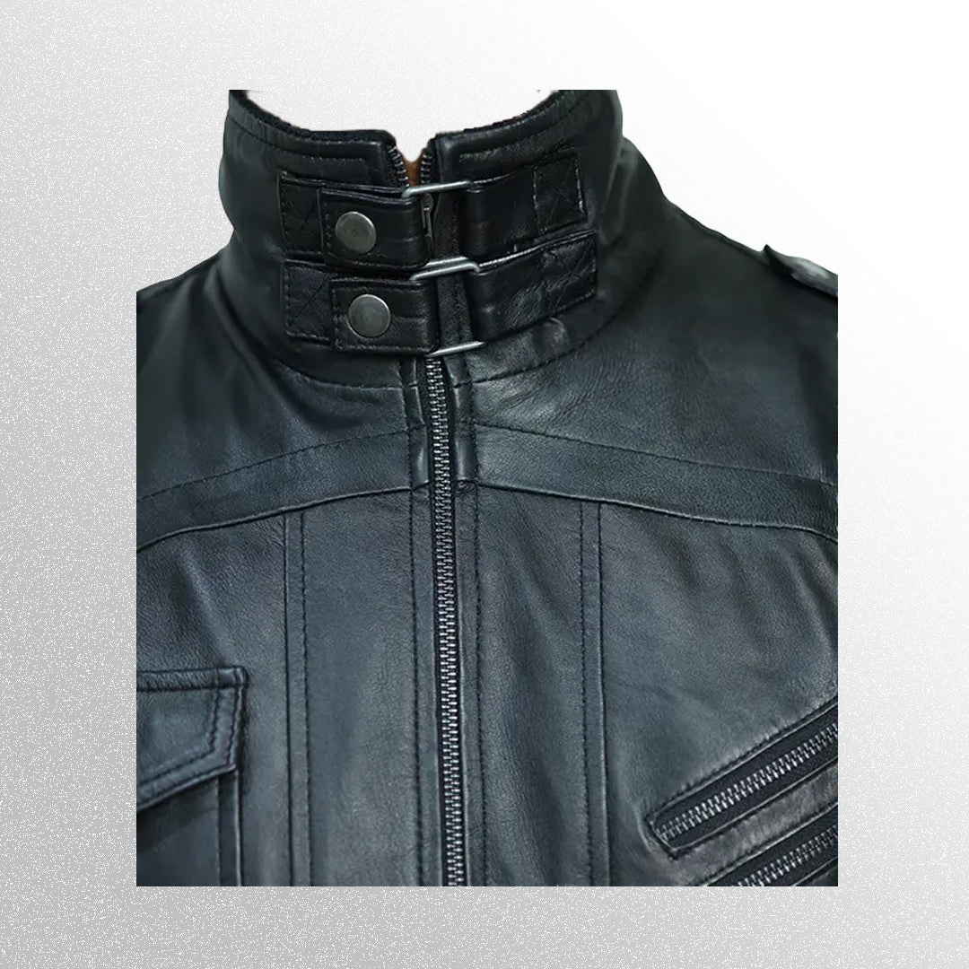 Mens black bomber leather jacket with hood style