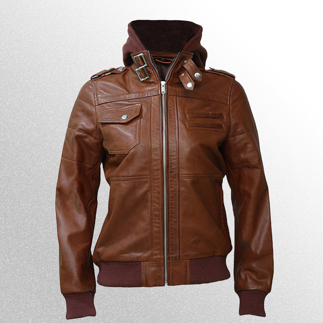 Brown Bomber Leather Jacket With Removable Hood For Women