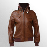Brown Bomber Leather Jacket With Removable Hood For Women