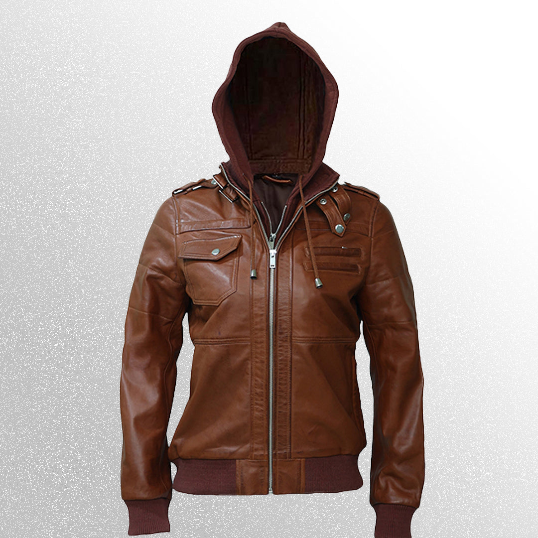 Brown Bomber Leather Jacket With Removable Hood For Women