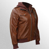Brown Bomber Leather Jacket With Removable Hood For Women