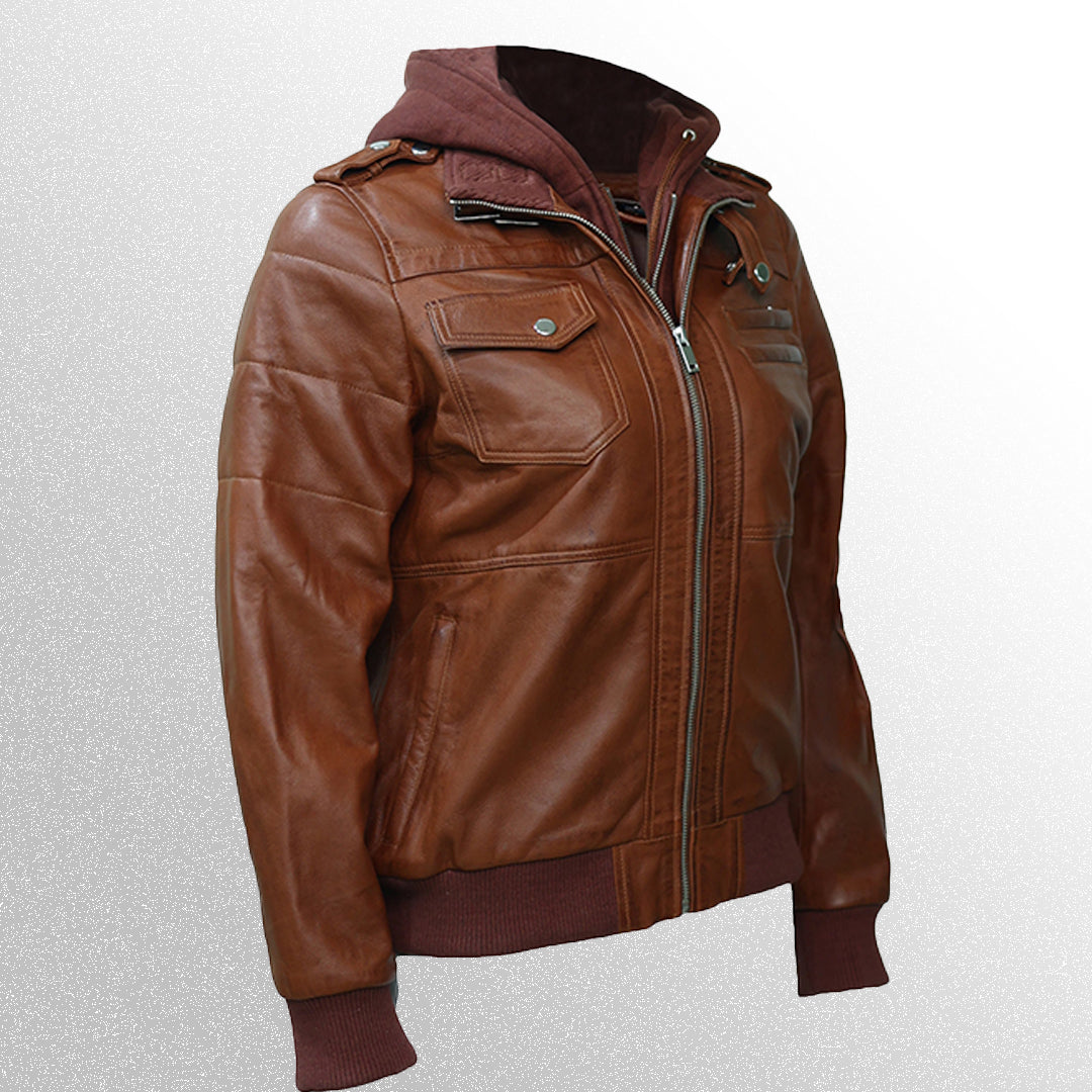 Brown Bomber Leather Jacket With Removable Hood For Women