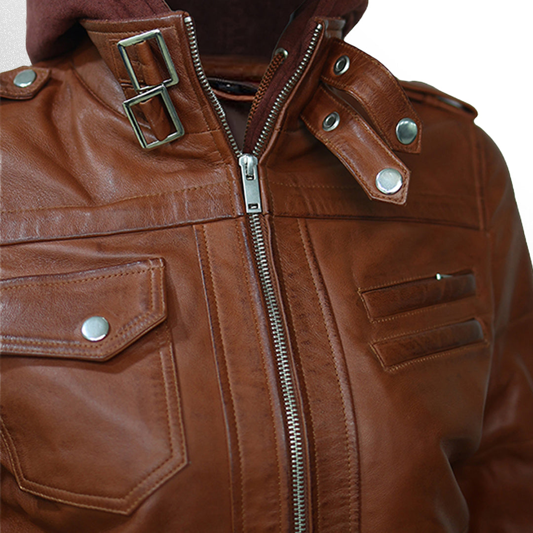 Brown Bomber Leather Jacket With Removable Hood For Women