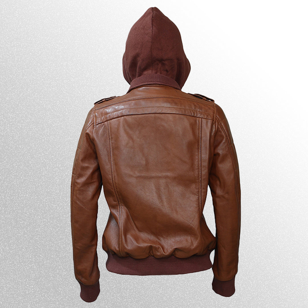 Brown Bomber Leather Jacket With Removable Hood For Women