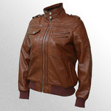 Brown Bomber Leather Jacket With Removable Hood For Women