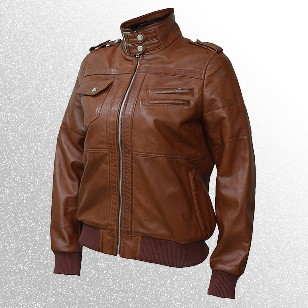 Brown Bomber Leather Jacket With Removable Hood For Women
