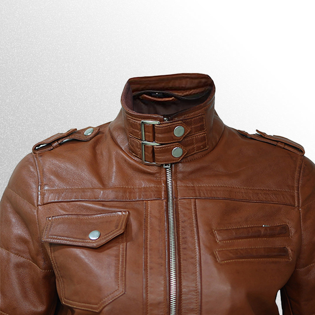 Brown Bomber Leather Jacket With Removable Hood For Women