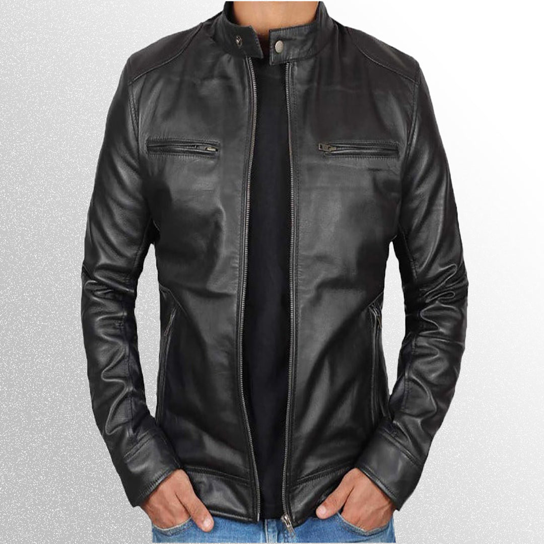 Men Black Biker Leather Jacket with Shoulder Pads