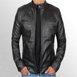 Men Black Biker Leather Jacket with Shoulder Pads
