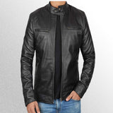 Men Black Biker Leather Jacket with Shoulder Pads