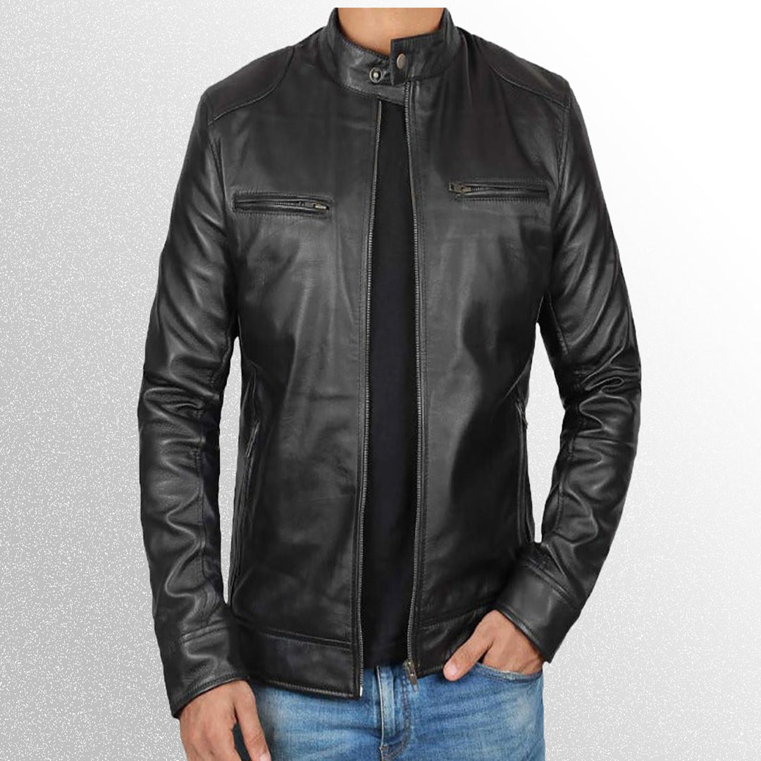 Men Black Biker Leather Jacket with Shoulder Pads