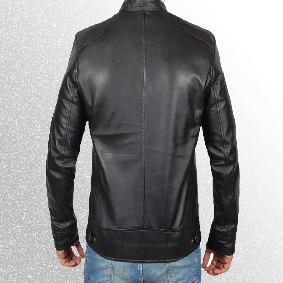 Men Black Biker Leather Jacket with Shoulder Pads