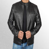 Men Black Biker Leather Jacket with Shoulder Pads
