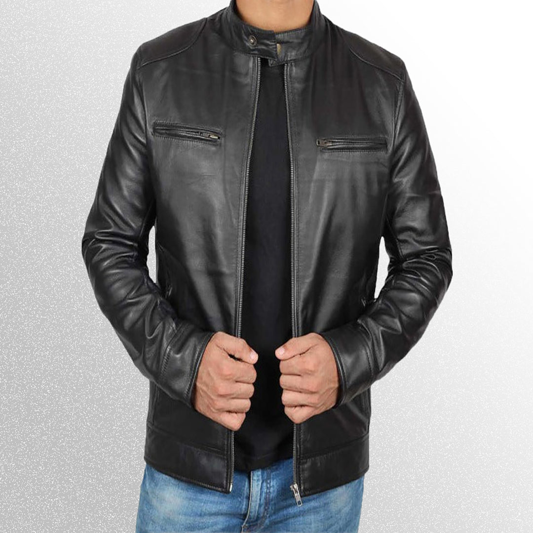 Men Black Biker Leather Jacket with Shoulder Pads
