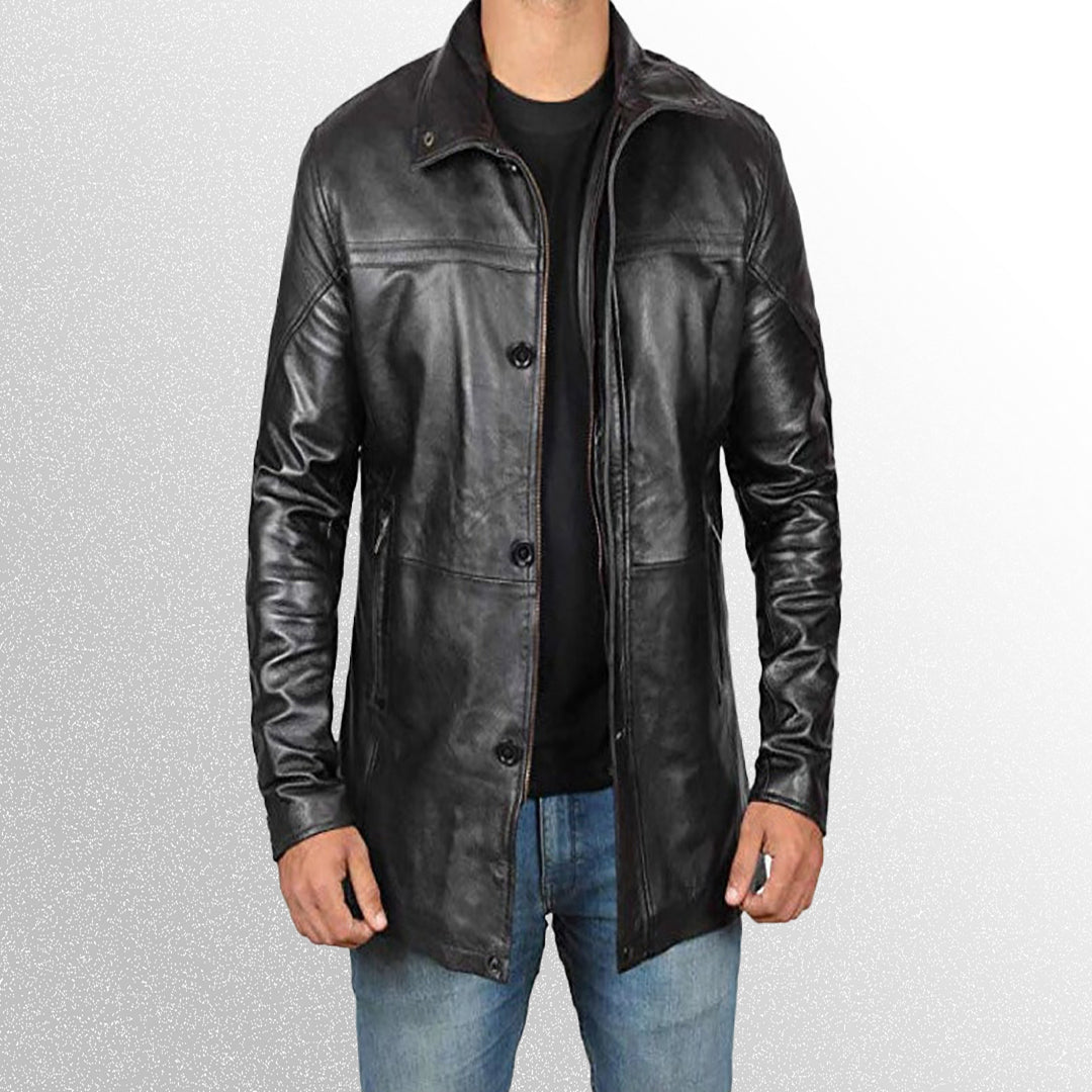 Men's Black Leather Car Coat