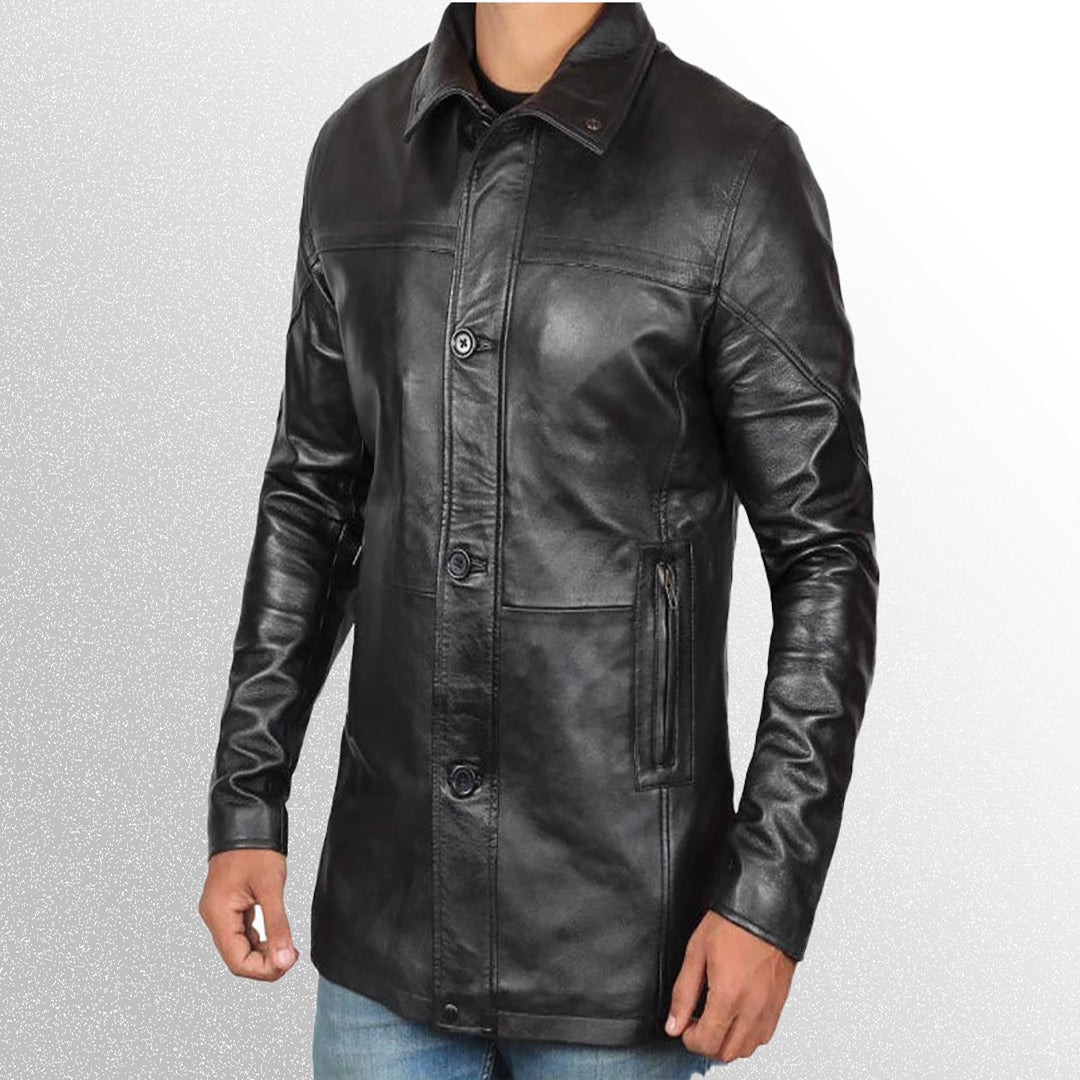 Men's Black Leather Car Coat