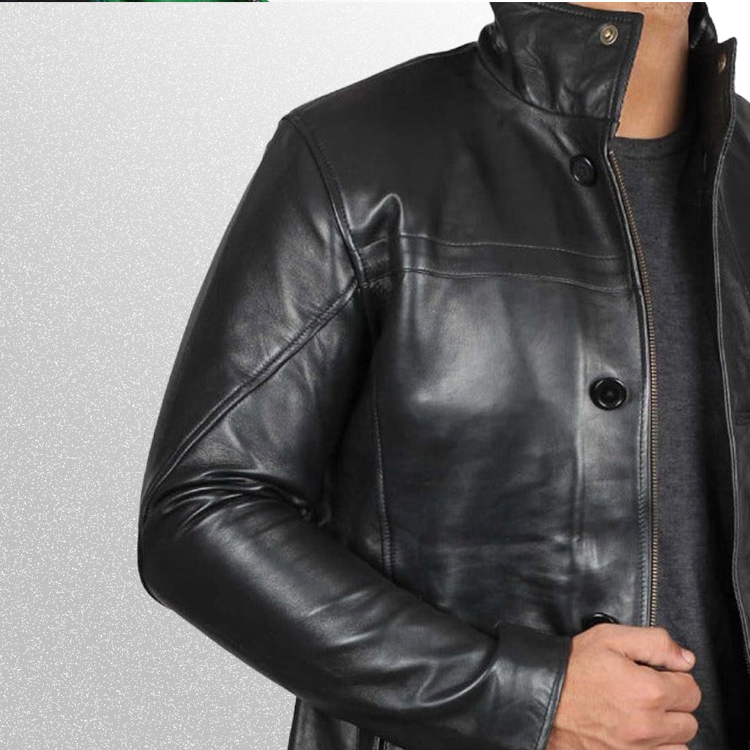 Men's Black Leather Car Coat