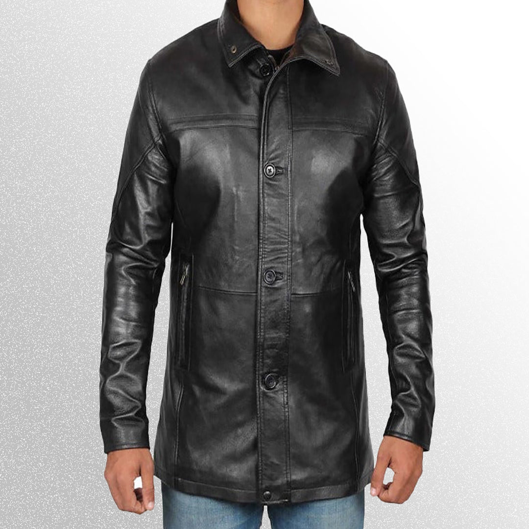 Men's Black Leather Car Coat