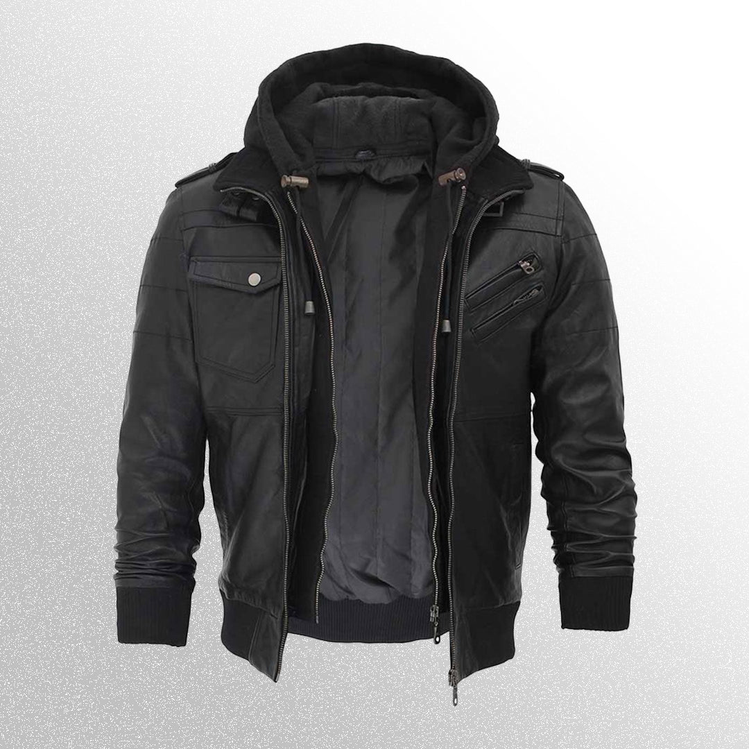 Men's Black Bomber Leather Jacket With Hood