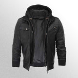 Men's Black Bomber Leather Jacket With Hood