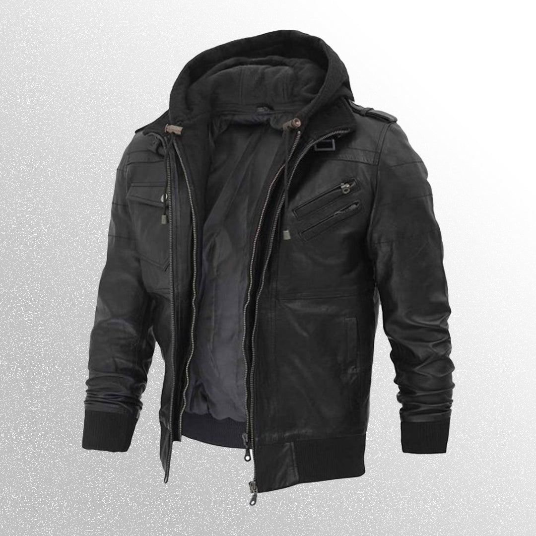 Men's Black Bomber Leather Jacket With Hood