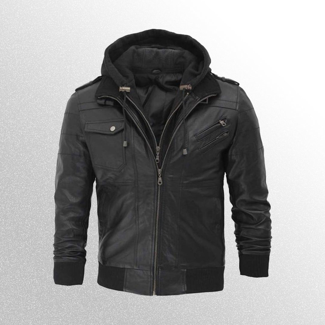 Men's Black Bomber Leather Jacket With Hood