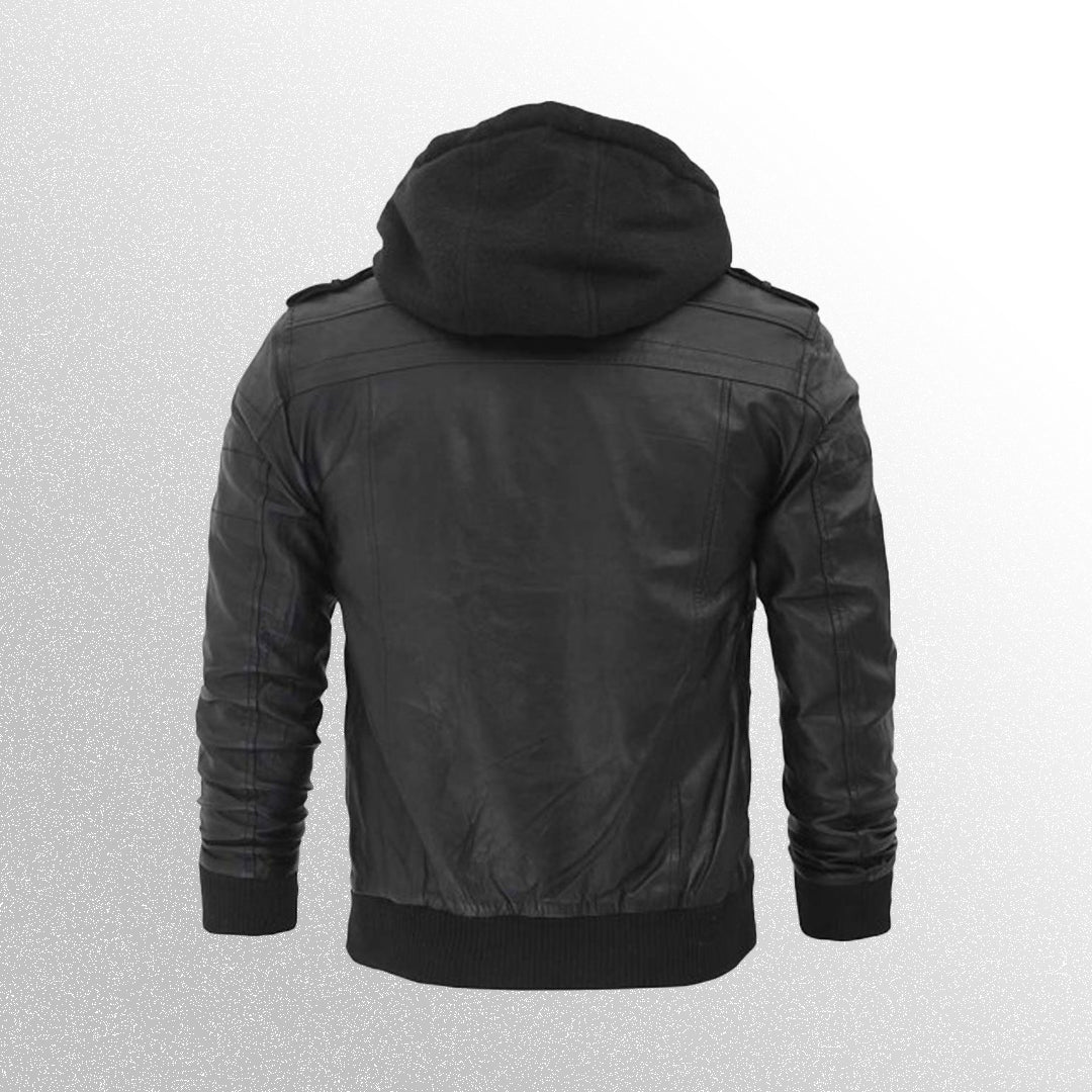 Men's Black Bomber Leather Jacket With Hood