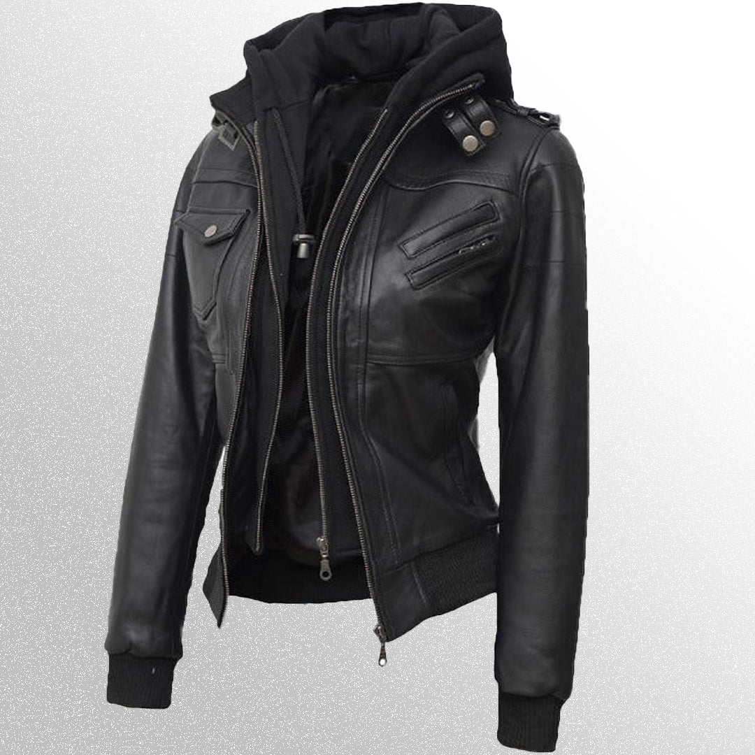 Women's Bomber Leather Jacket With Hood