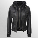 Women's Bomber Leather Jacket With Hood