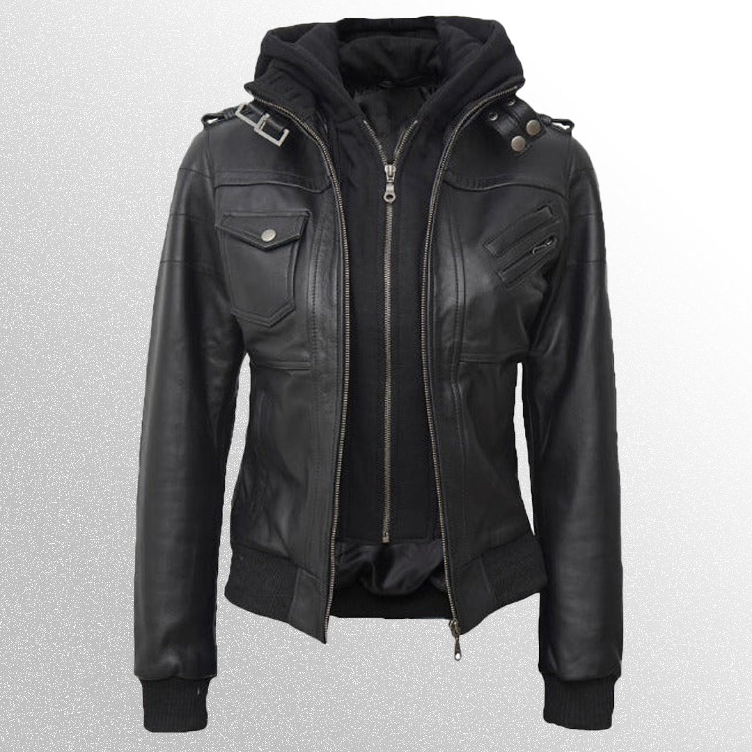 Women's Bomber Leather Jacket With Hood