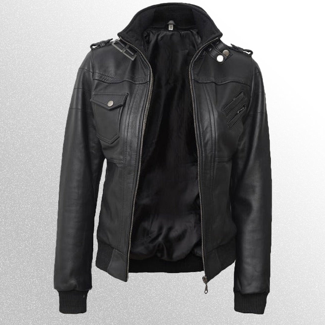 Women's Bomber Leather Jacket With Hood