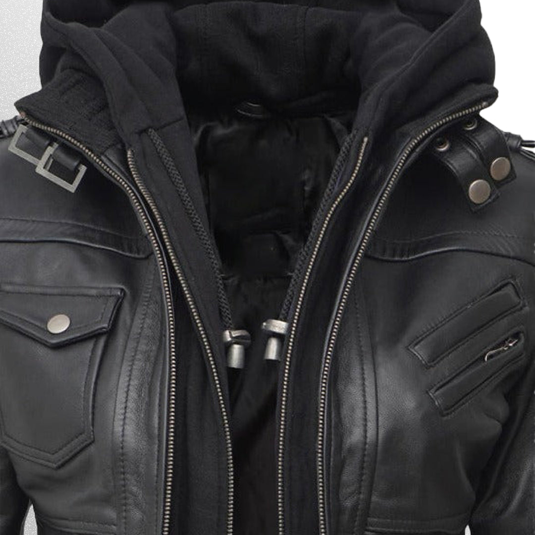 Women's Bomber Leather Jacket With Hood