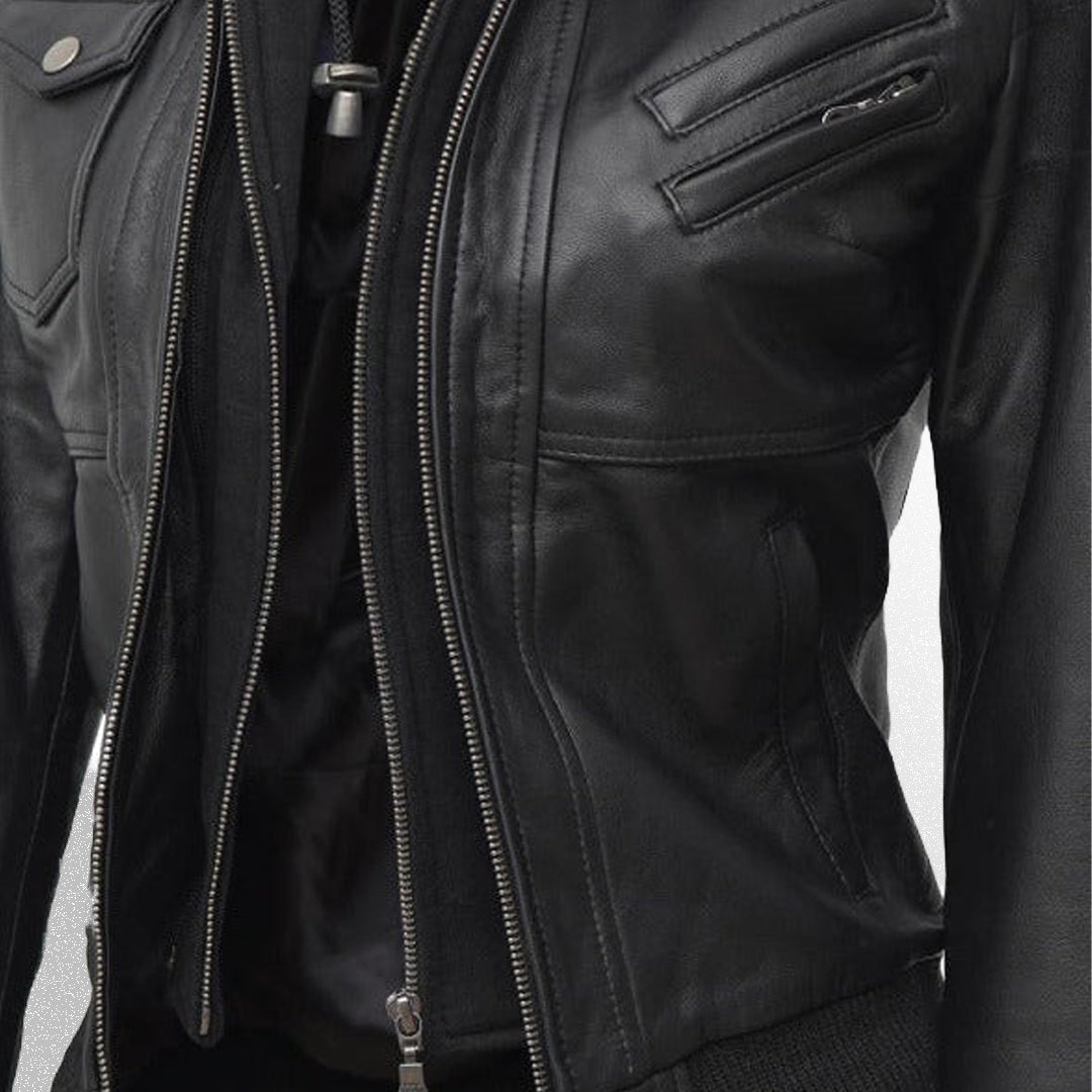 Women's Bomber Leather Jacket With Hood
