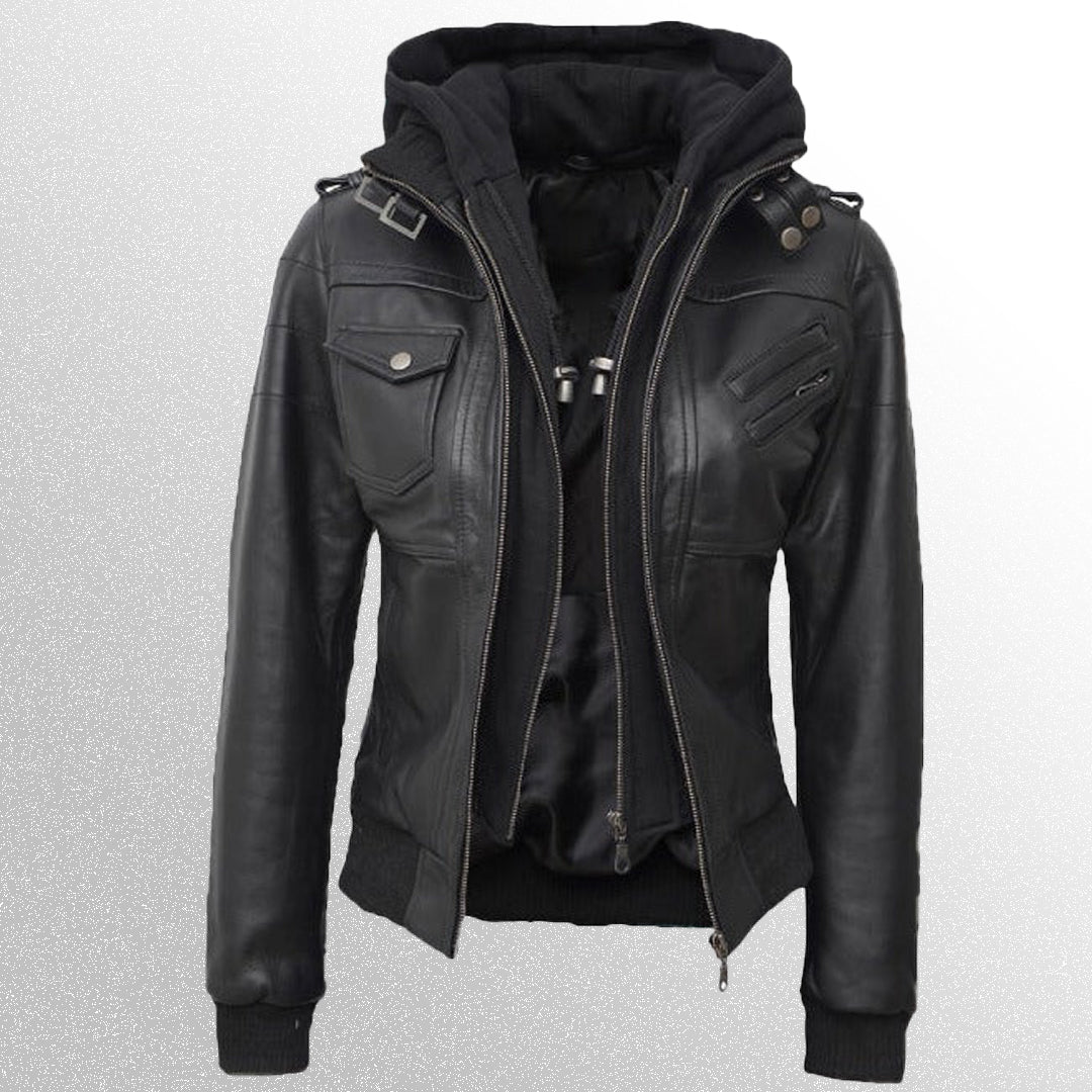 Women's Bomber Leather Jacket With Hood