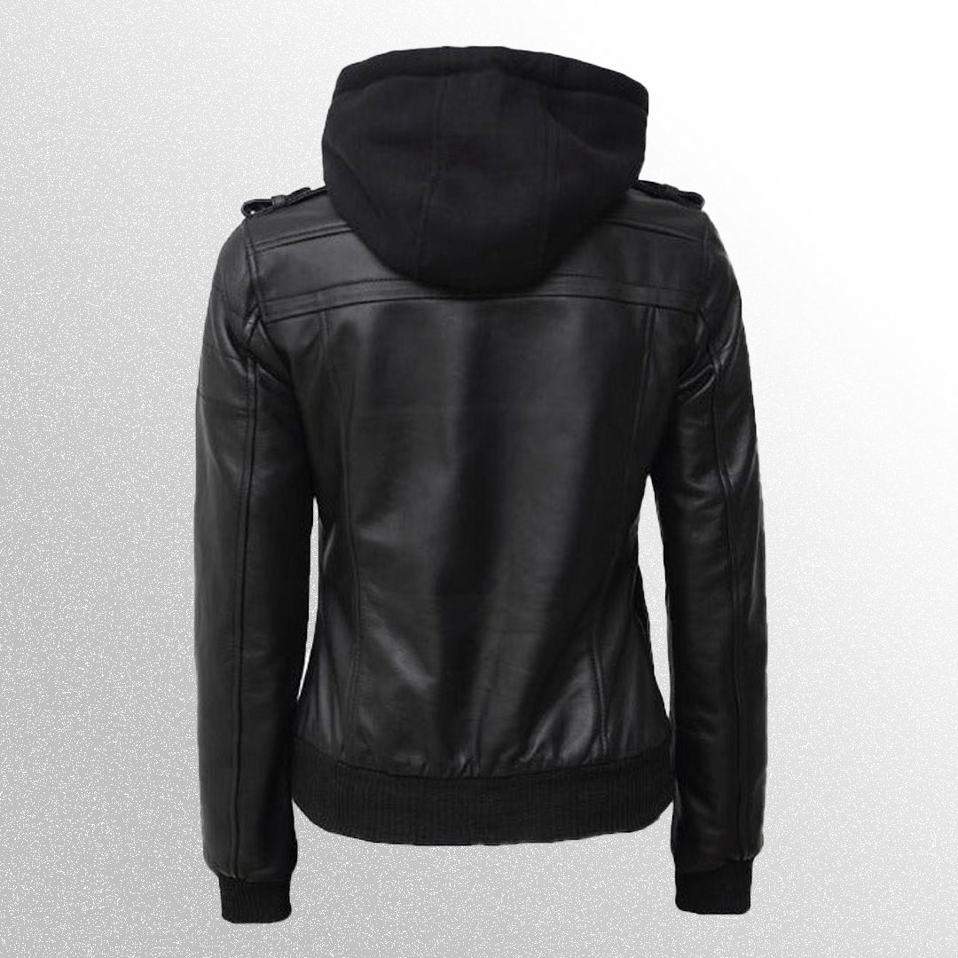 Women's Bomber Leather Jacket With Hood