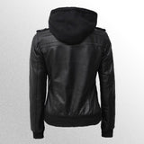 Women's Bomber Leather Jacket With Hood