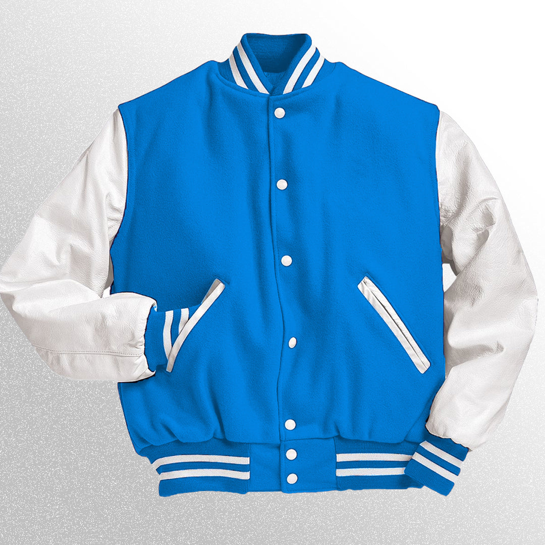 Baby blue with white leather sleeves varsity jacket