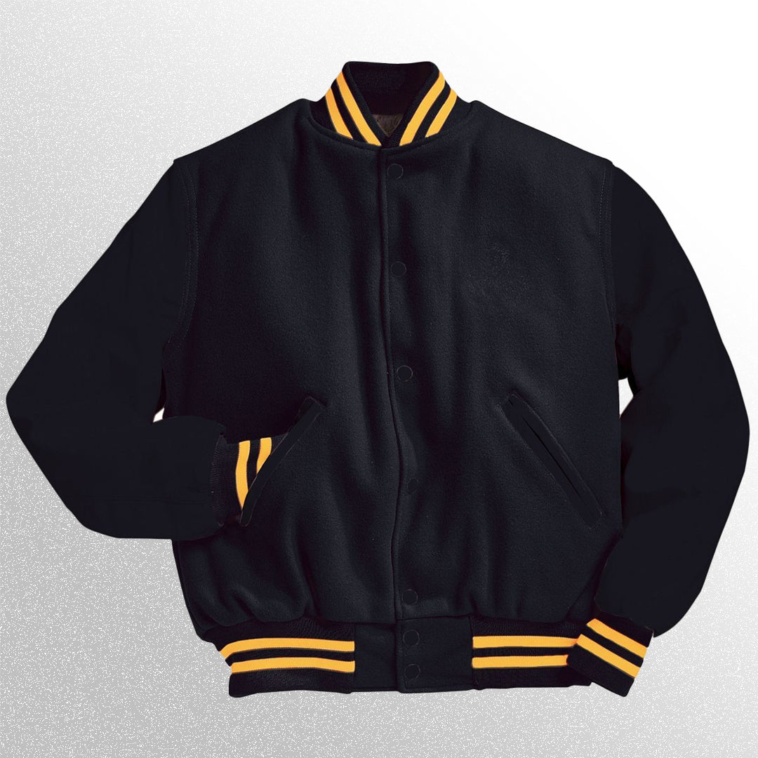 Black and gold varsity jacket