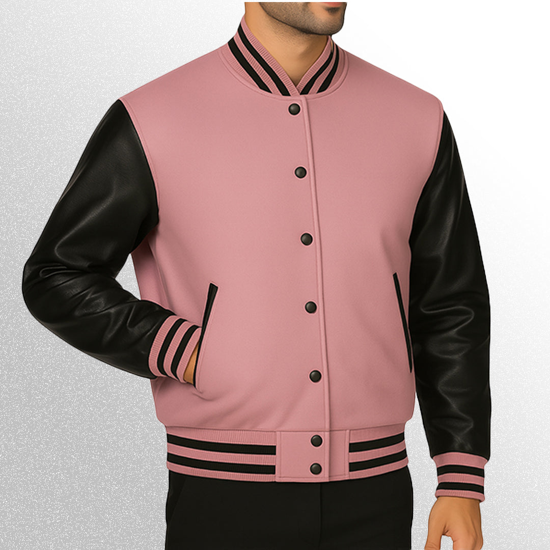 Black and pink varsity jacket side pose